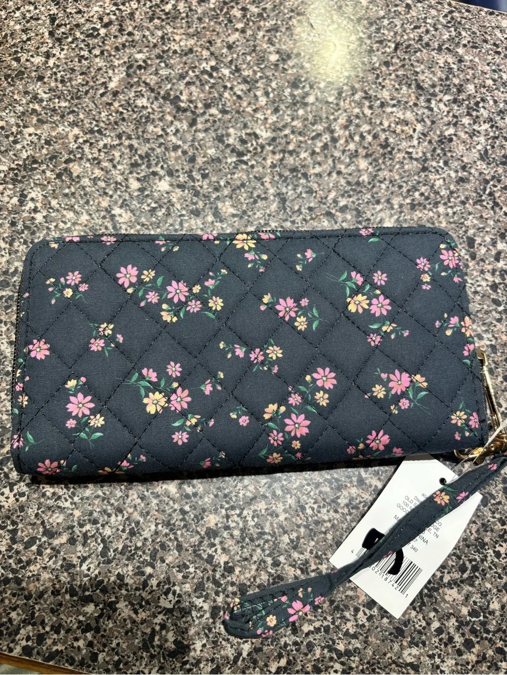 Quilted Floral Wristlet Wallet — Black with Pink Floral Print